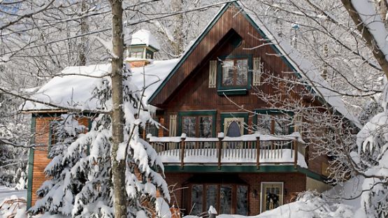 A snow-covered cottage surrounded by snowy trees in a forested winter landscape.